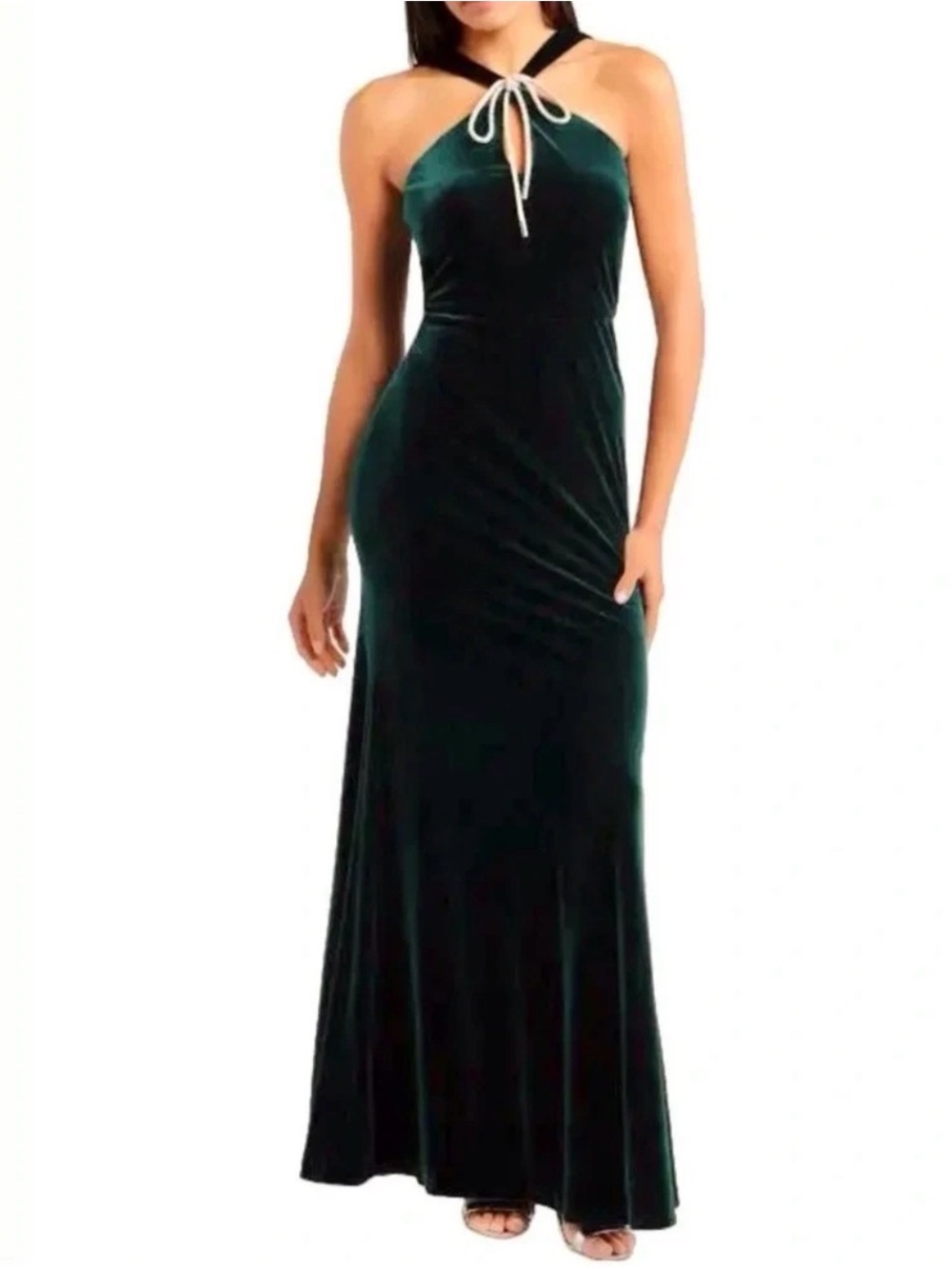 Eliza J Emerald Halter Neck Velvet Maxi Dress with Rhinestone Encrusted Tie NWT